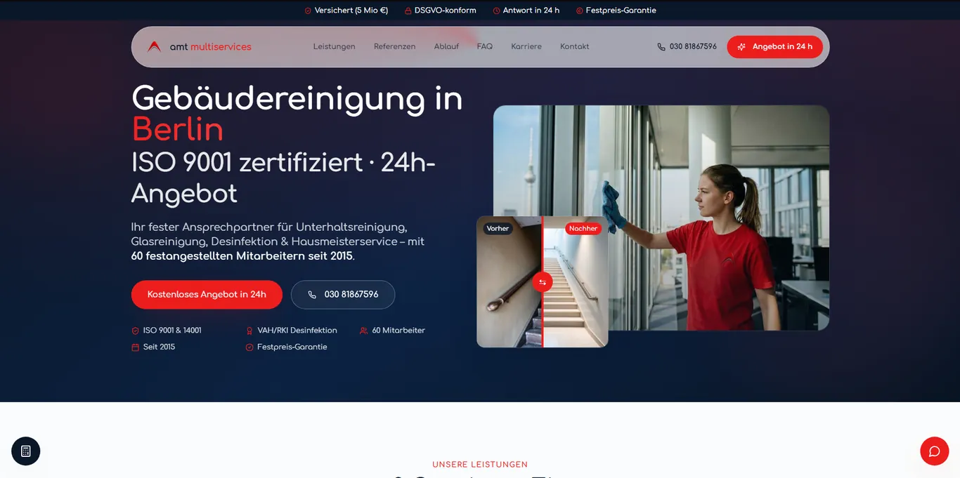 Hero-Screenshot der Website von amt multiservices GmbH | Gebäudereinigung | B2B | Case Study von Mihajlo Systems (2026)
