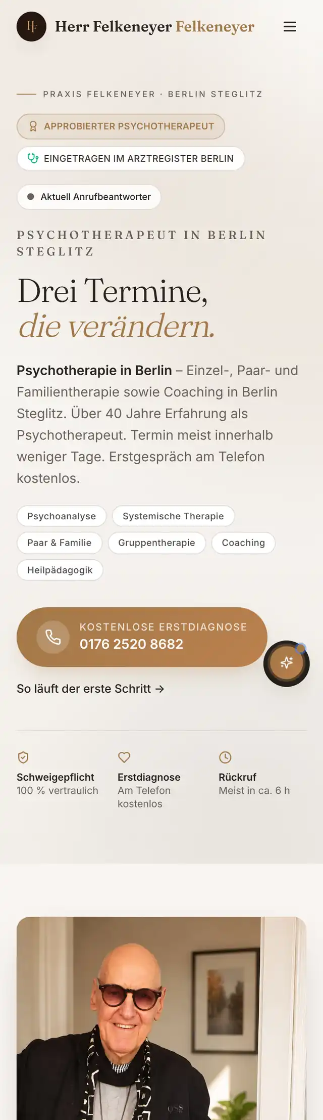 Mobile Ansicht der Website Praxis Felkeneyer, Psychotherapie in Berlin Steglitz, Webdesign von Mihajlo Systems