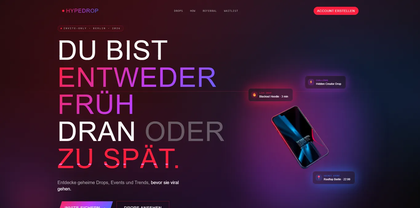 Webdesign für Hypedrop in Berlin, Community-Plattform: Startseite von Hypedrop