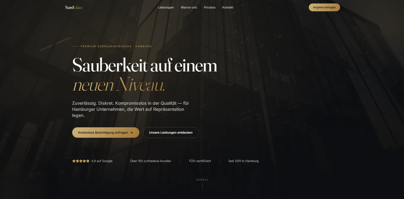 Webdesign für NordGlanz in Hamburg, Gebäudereinigung: Startseite von NordGlanz Hamburg