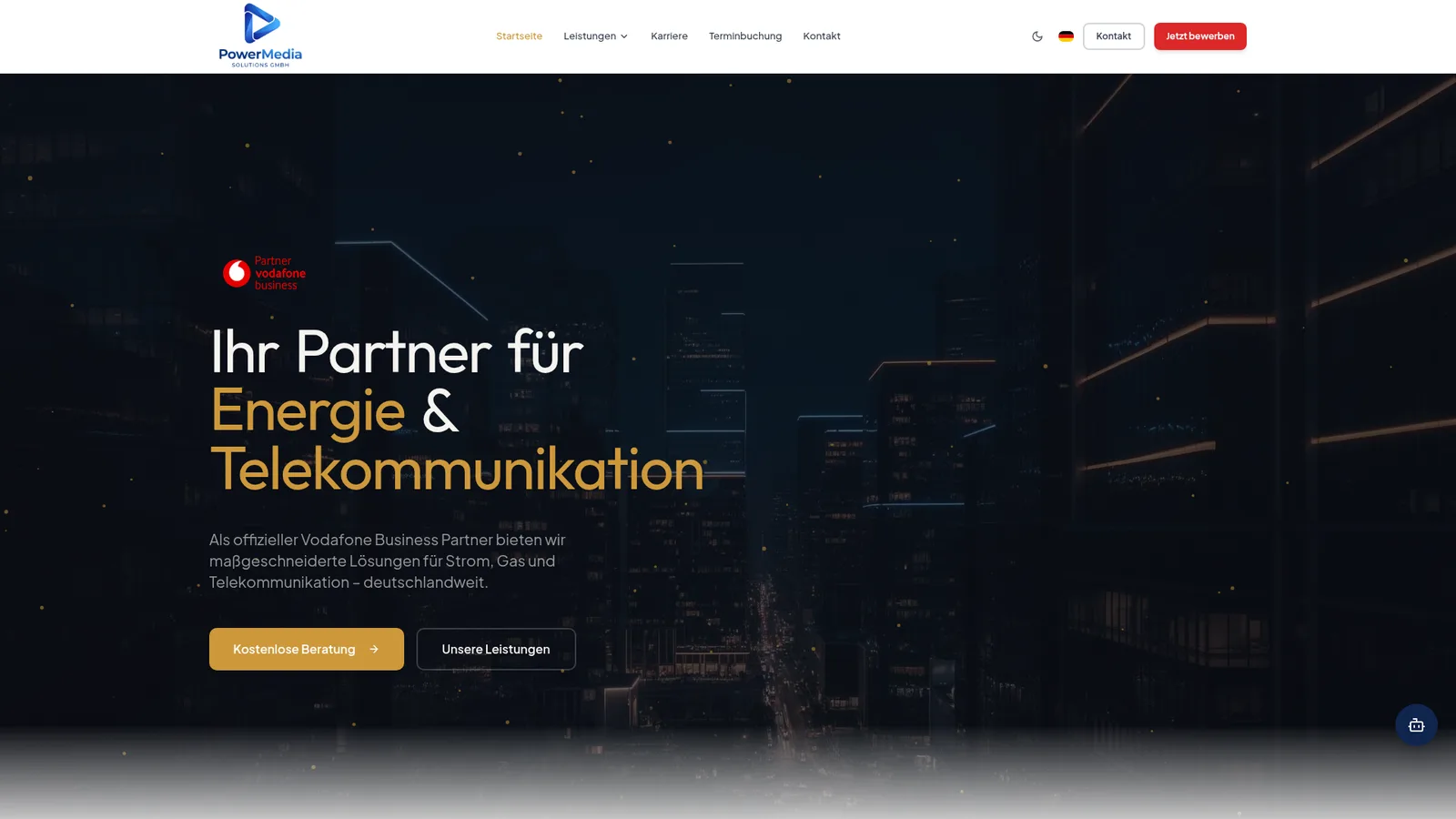 Webdesign für Power Media Solutions GmbH, Energie und Telekommunikation: Startseite von Power Media Solutions