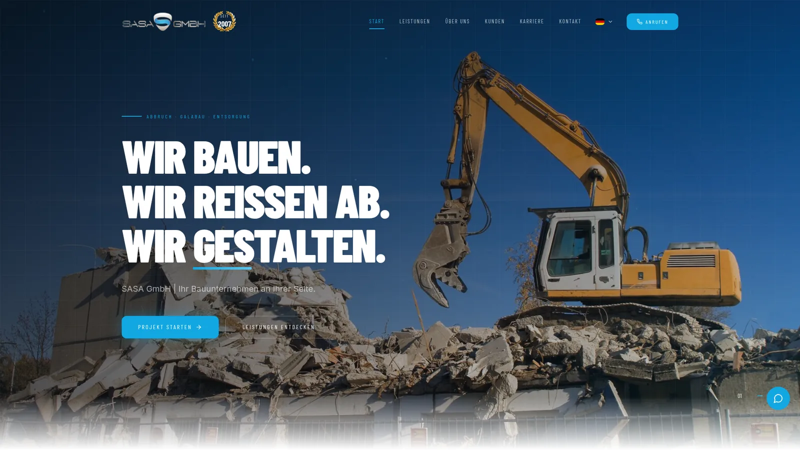 Hero-Screenshot der Website von SASA GmbH | Bau | Abbruch | GaLaBau | Case Study von Mihajlo Systems (2026)